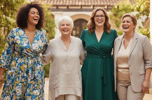 Group of smiling women wearing colorful plus size fashion dresses and tunics sizes 1X to 5X.