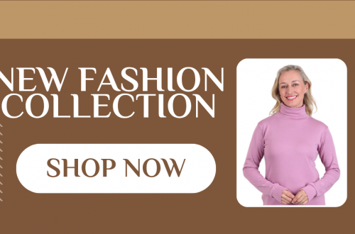 A woman smiling and wearing a pink long-sleeve turtleneck top, featured in a "New Fashion Collection" banner for HealthPride with a "Shop Now" button.