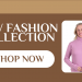 A woman smiling and wearing a pink long-sleeve turtleneck top, featured in a "New Fashion Collection" banner for HealthPride with a "Shop Now" button.